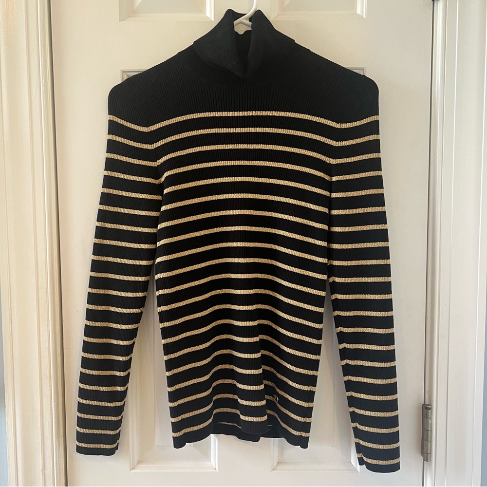 Lauren Ralph Lauren Black and Gold Striped Turtleneck Sweater